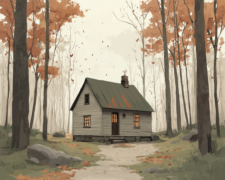 A cozy cabin with a green roof sits in a serene forest, surrounded by tall trees with orange leaves. The warm glow from the windows contrasts with the cool, misty atmosphere, and scattered leaves cover the ground, adding to the autumnal scene.