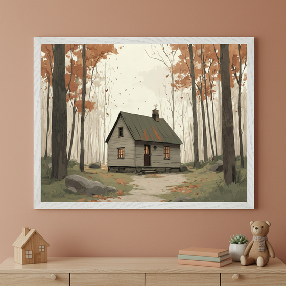 Framed illustration of a cozy cabin with warm glowing windows and a green roof, nestled in a forest of tall trees with sparse orange leaves falling around. The artwork hangs on a muted terracotta wall above a wooden dresser decorated with a toy house, stacked books, a potted plant, and a teddy bear, creating an inviting autumn-themed interior scene.