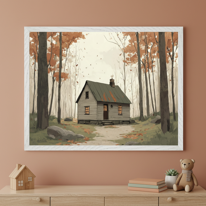 Framed illustration of a cozy cabin with warm glowing windows and a green roof, nestled in a forest of tall trees with sparse orange leaves falling around. The artwork hangs on a muted terracotta wall above a wooden dresser decorated with a toy house, stacked books, a potted plant, and a teddy bear, creating an inviting autumn-themed interior scene.