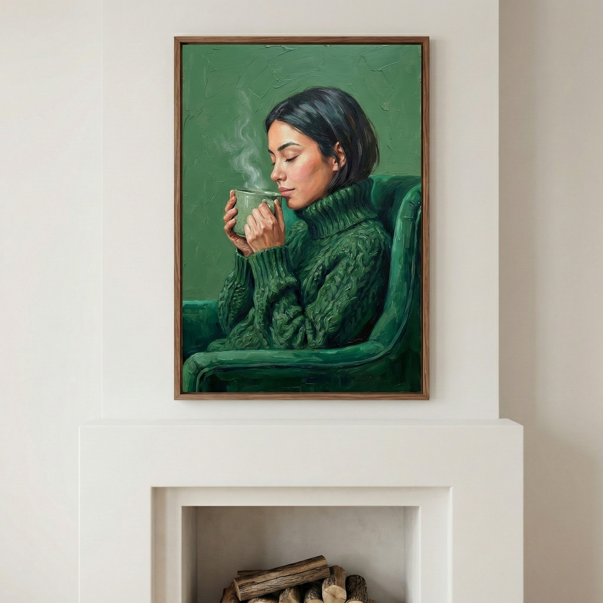 A framed artistic piece hangs on a white wall above a minimalist white fireplace mantel. The artwork depicts a serene woman with dark hair, her eyes closed in a peaceful moment. She is bundled in a thick, emerald-green cable-knit turtleneck and sits in a matching green armchair. In both hands, she holds a green mug, with delicate wisps of steam rising from it. The entire scene uses various shades of green, from the woman's clothing to the textured background. 