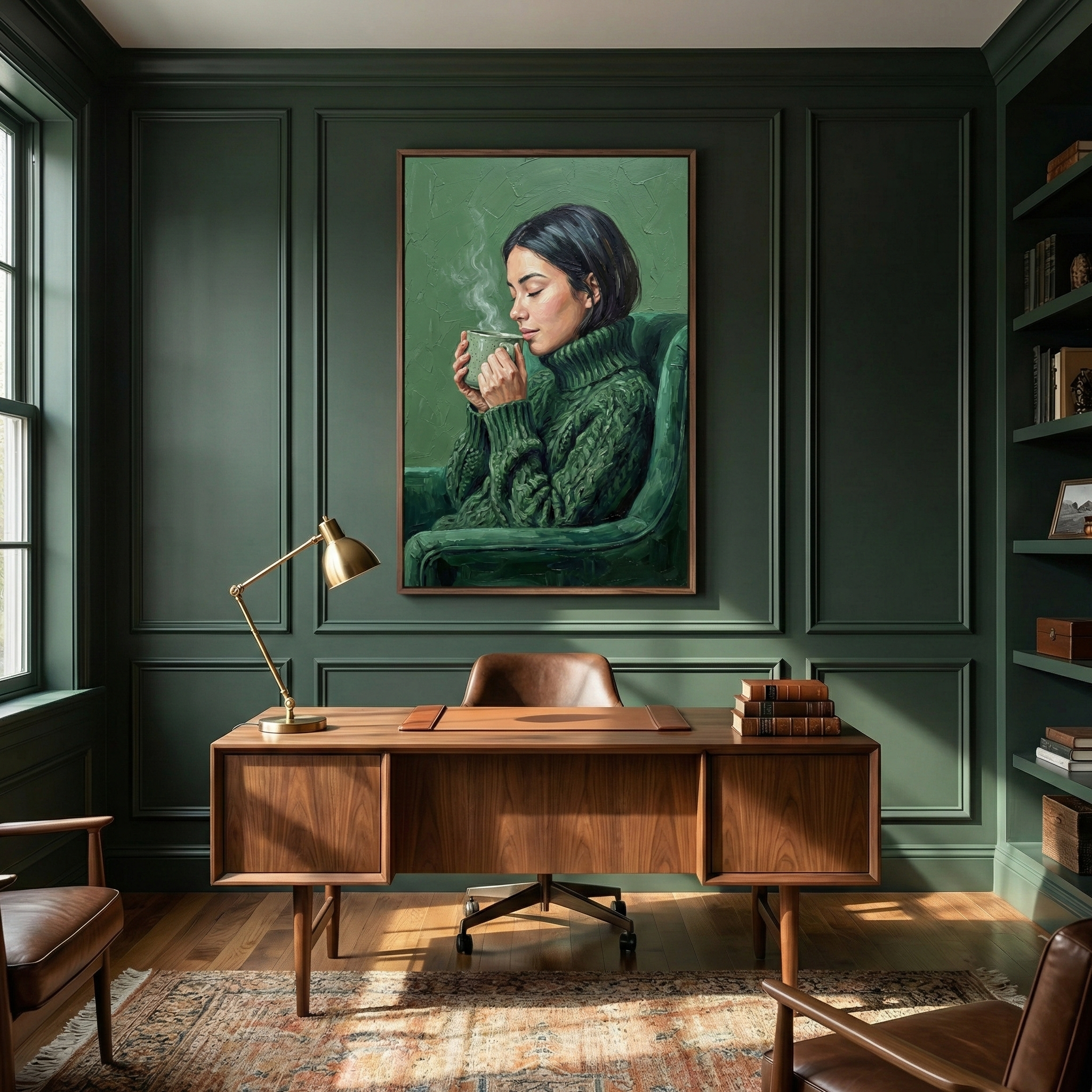 A sophisticated home office features deep forest green paneled walls. Centered above a mid-century walnut desk hangs a large framed portrait of a woman with dark hair, wearing a thick green cable-knit sweater and holding a steaming mug. The desk holds a brass lamp, a leather mat, and a small stack of books. A leather desk chair sits behind it, and two leather armchairs frame the foreground on a patterned rug. Sunlight from a side window casts long shadows across the hardwood floor.