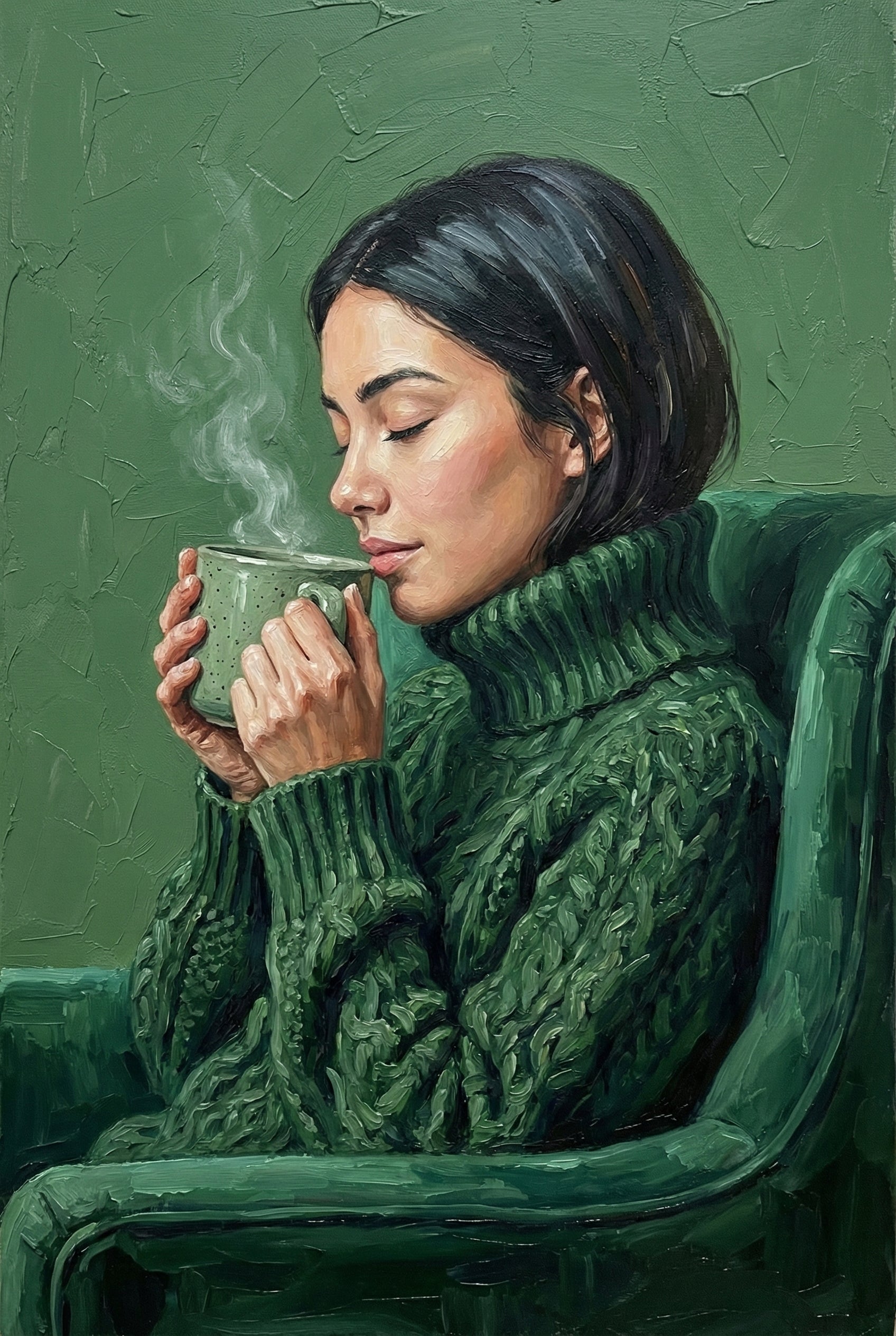Realistic painting of a woman with closed eyes seated in a green armchair, holding a steaming green mug close to her face, wrapped in a cozy green sweater.