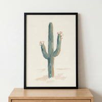Minimalist watercolor painting of a tall cactus with pink blossoms, set against a soft off-white background. The simple botanical artwork evokes a calm desert atmosphere.