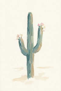 Botanical watercolor of a tall saguaro cactus with three upward‑reaching arms and small pale pink blooms at their tips. The cactus is painted in muted greens and sandy beige tones against a light, almost blank background, evoking a peaceful desert botanical study.
