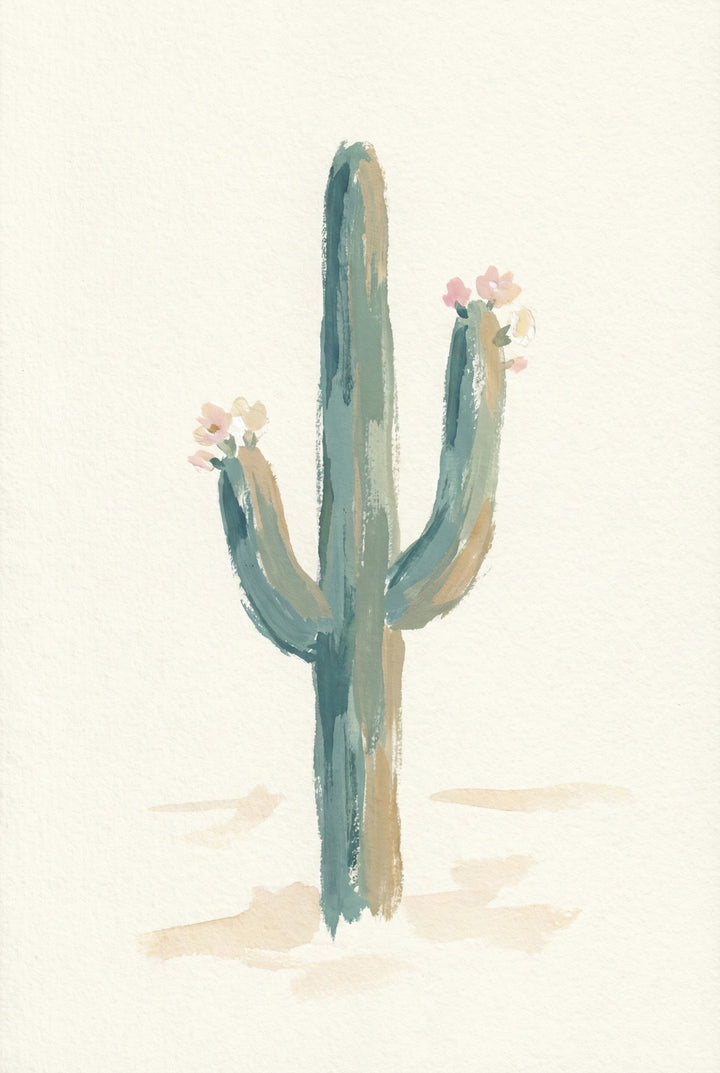Botanical watercolor of a tall saguaro cactus with three upward‑reaching arms and small pale pink blooms at their tips. The cactus is painted in muted greens and sandy beige tones against a light, almost blank background, evoking a peaceful desert botanical study.