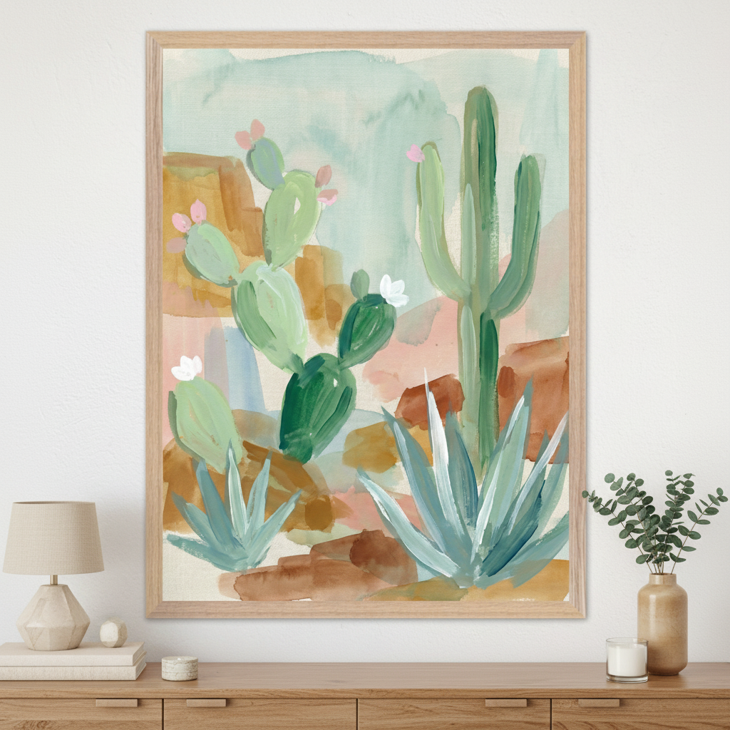 Modern living room with a light wood dresser. A large framed loose watercolor painting of desert cacti and succulents hangs above the dresser. A lamp, books, and a vase with greenery are on the dresser.