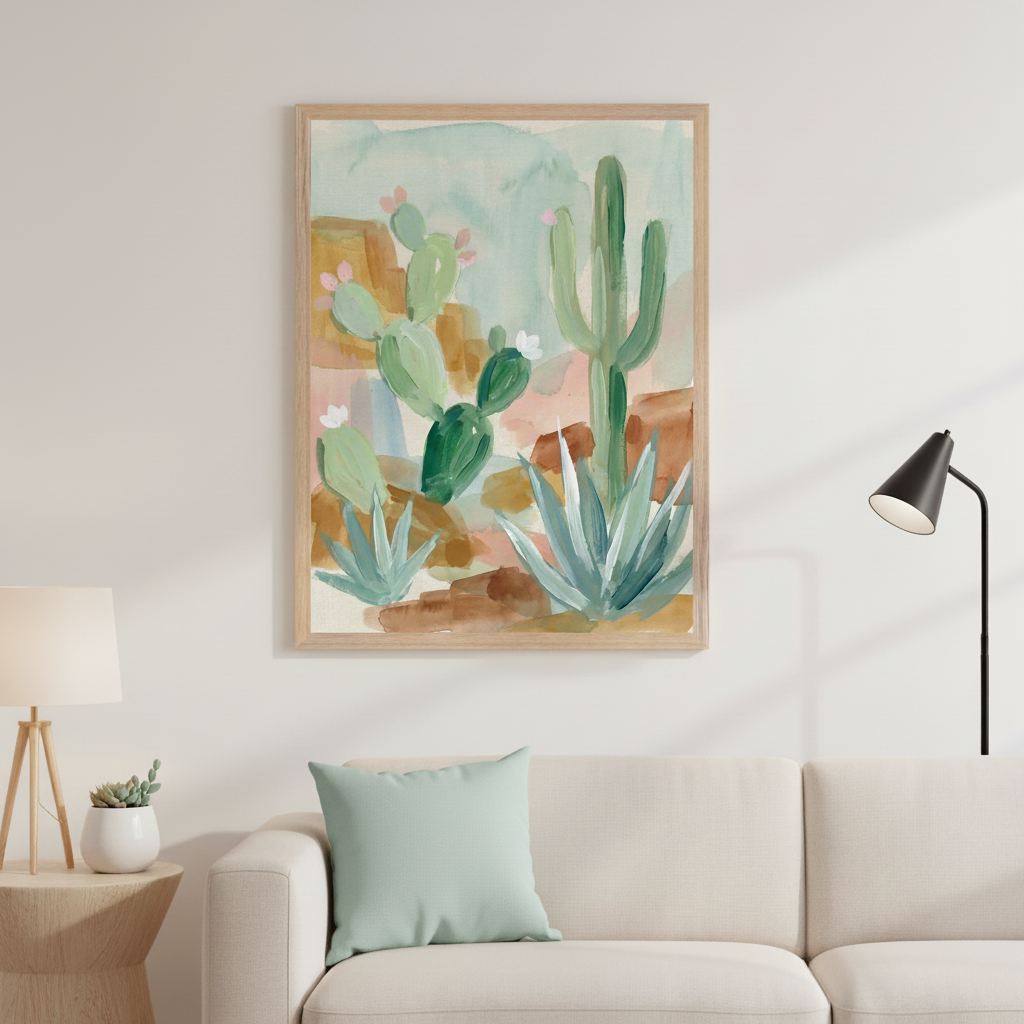 Modern living room with a light beige sofa. A large watercolor painting of desert cacti and agave in soft greens, blues, and browns, framed in natural wood, hangs centered above the sofa.