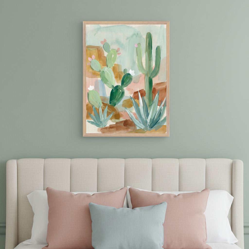 Bedroom with a beige upholstered headboard and pink and blue pillows. A framed watercolor painting of desert cacti and agave plants in light greens, blues, browns, and pinks hangs centered above the headboard.