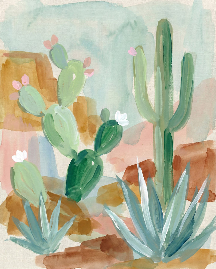 Playful pastel painting of desert plants featuring prickly pear, agave, and a tall saguaro cactus with small pink and white blossoms against soft watercolor mountains and sandy tones in the background for Southwestern-themed decor.
