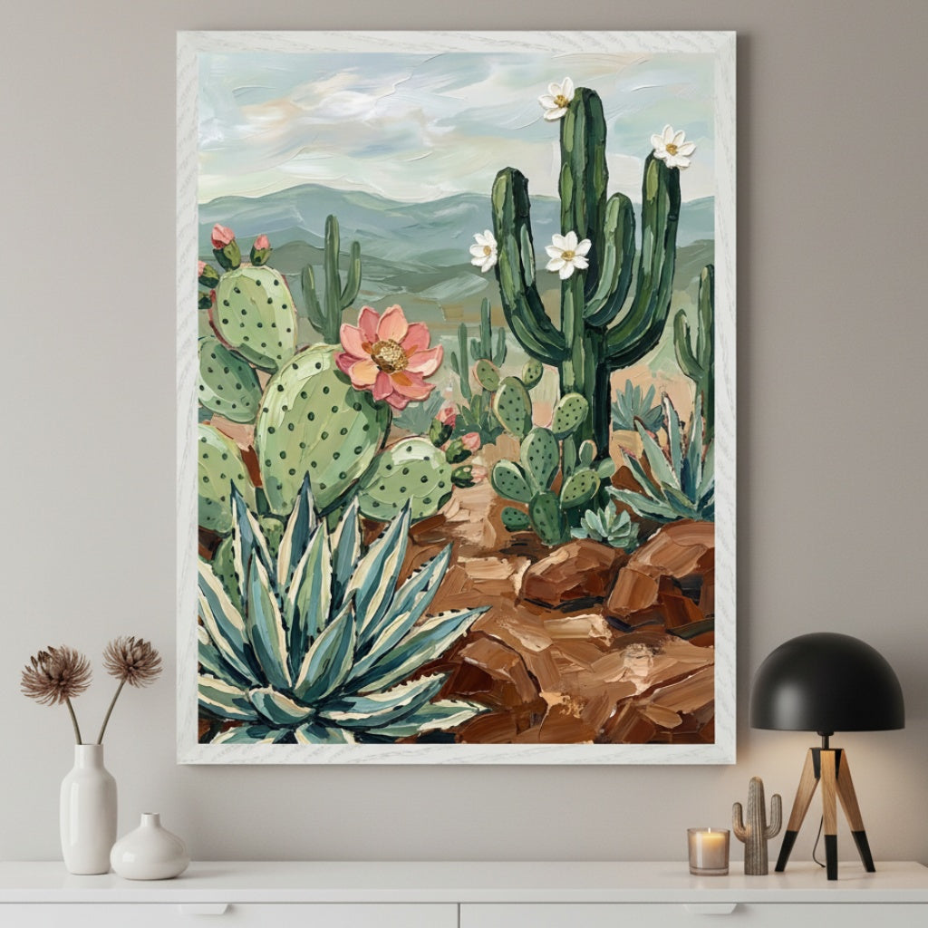 Modern living room with a white console table. A large framed painterly artwork of a desert scene with saguaro cacti, prickly pear, agave, and flowers hangs above the table.