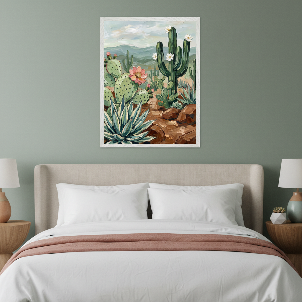 Modern bedroom with a beige upholstered bed and white bedding. A large framed painting of a desert landscape with saguaro and prickly pear cacti, agave plants, and distant mountains hangs centered above the bed. The painting features textured brushstrokes.