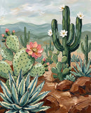 Bold and detailed illustration of a thriving desert scene filled with blooming cacti, flowering agave plants, and rich brown rocks under a cloudy sky, creating a lively Southwestern botanical composition.
