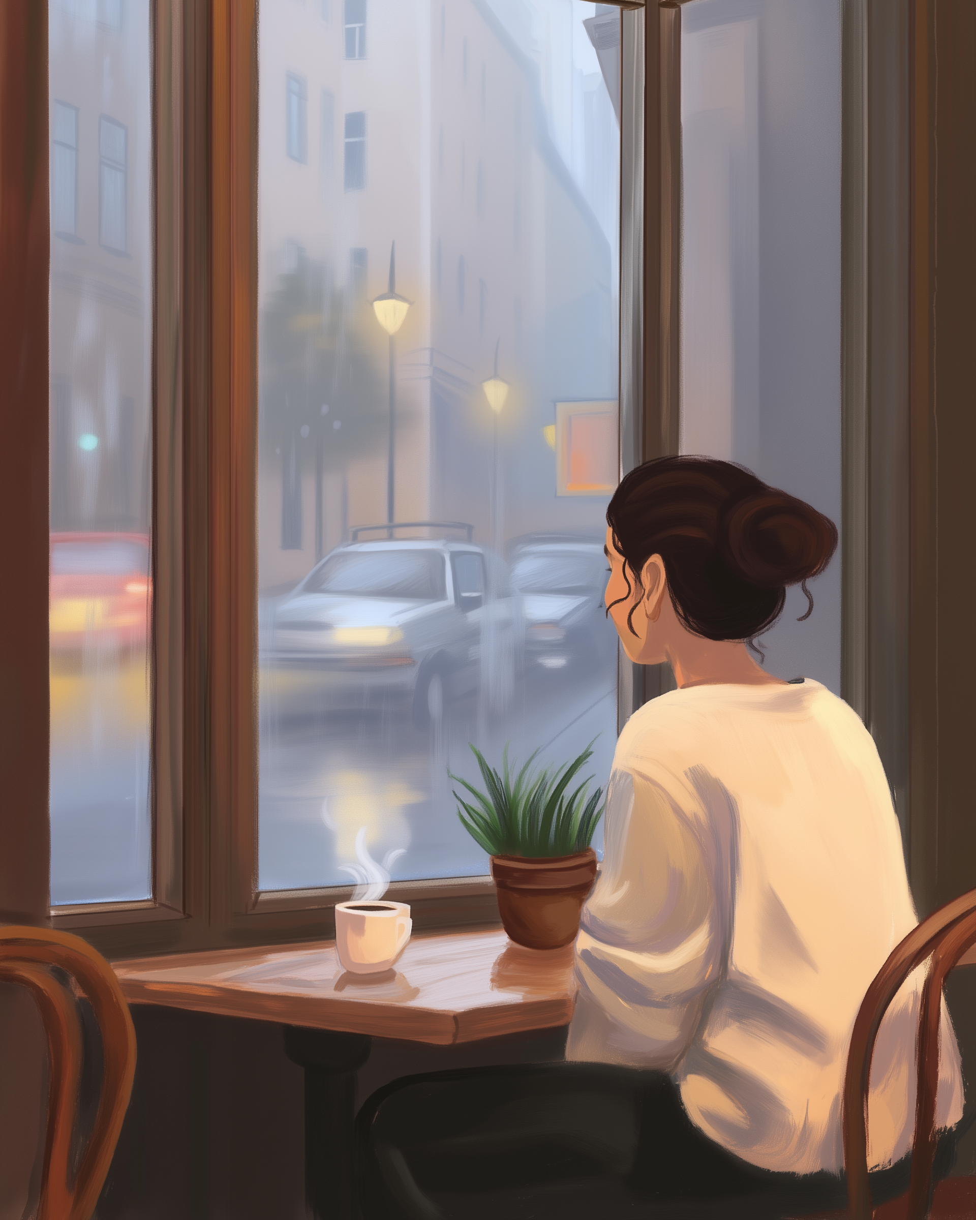 A woman with a bun sits at a wooden table in a cozy café, gazing out a rain-soaked window at a blurred city street. A steaming cup of coffee and a small potted plant sit on the table in front of her.

