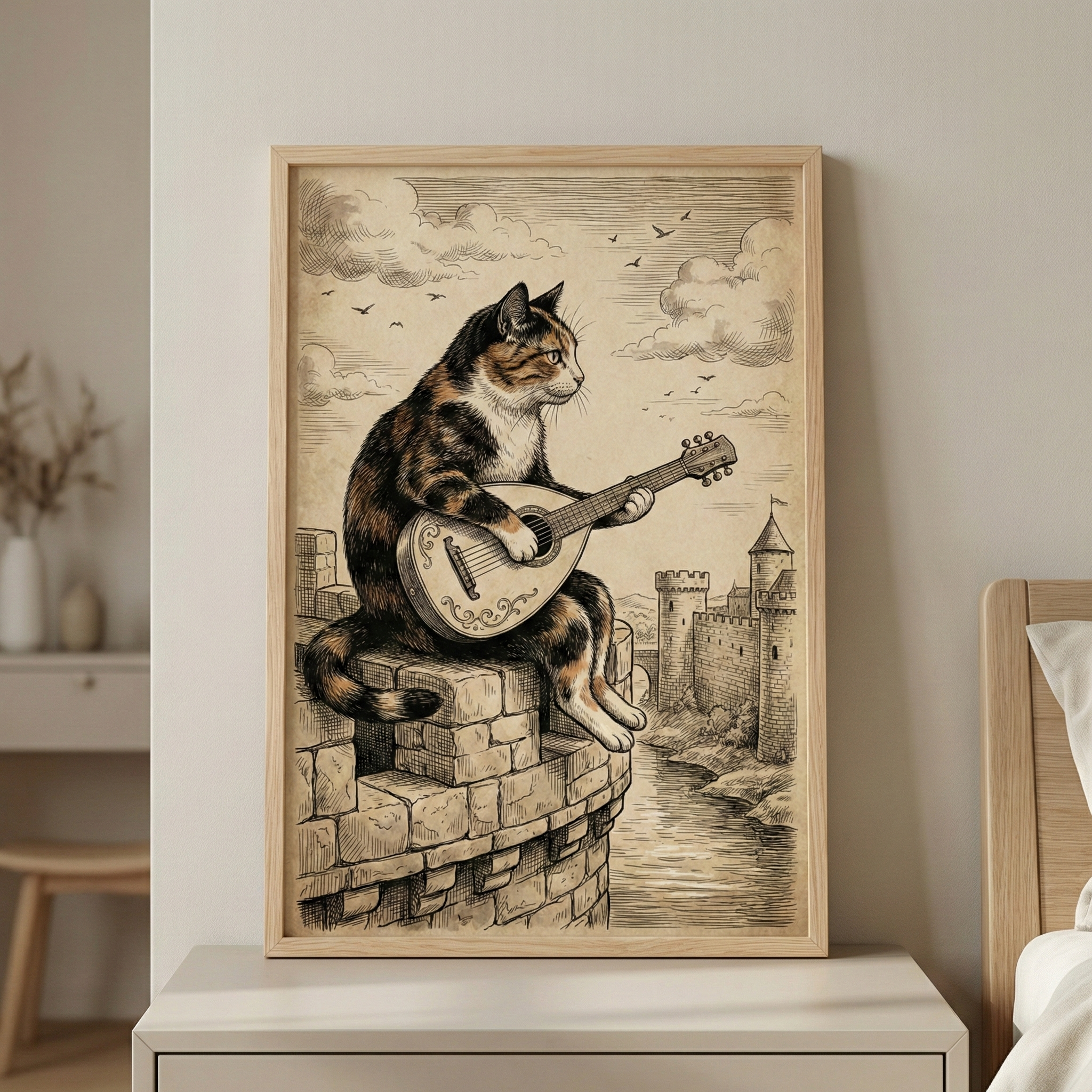A framed vintage-style sketch on aged paper features a calico cat sitting on a stone castle wall, playing a lute. The cat looks toward the horizon. The background depicts a river, another castle tower, and a cloudy sky with small birds. The artwork is in a light wood frame, resting on a neutral nightstand beside a bed. In the soft-focus background, a small side table with dried foliage and a wooden stool are visible against a plain white wall.