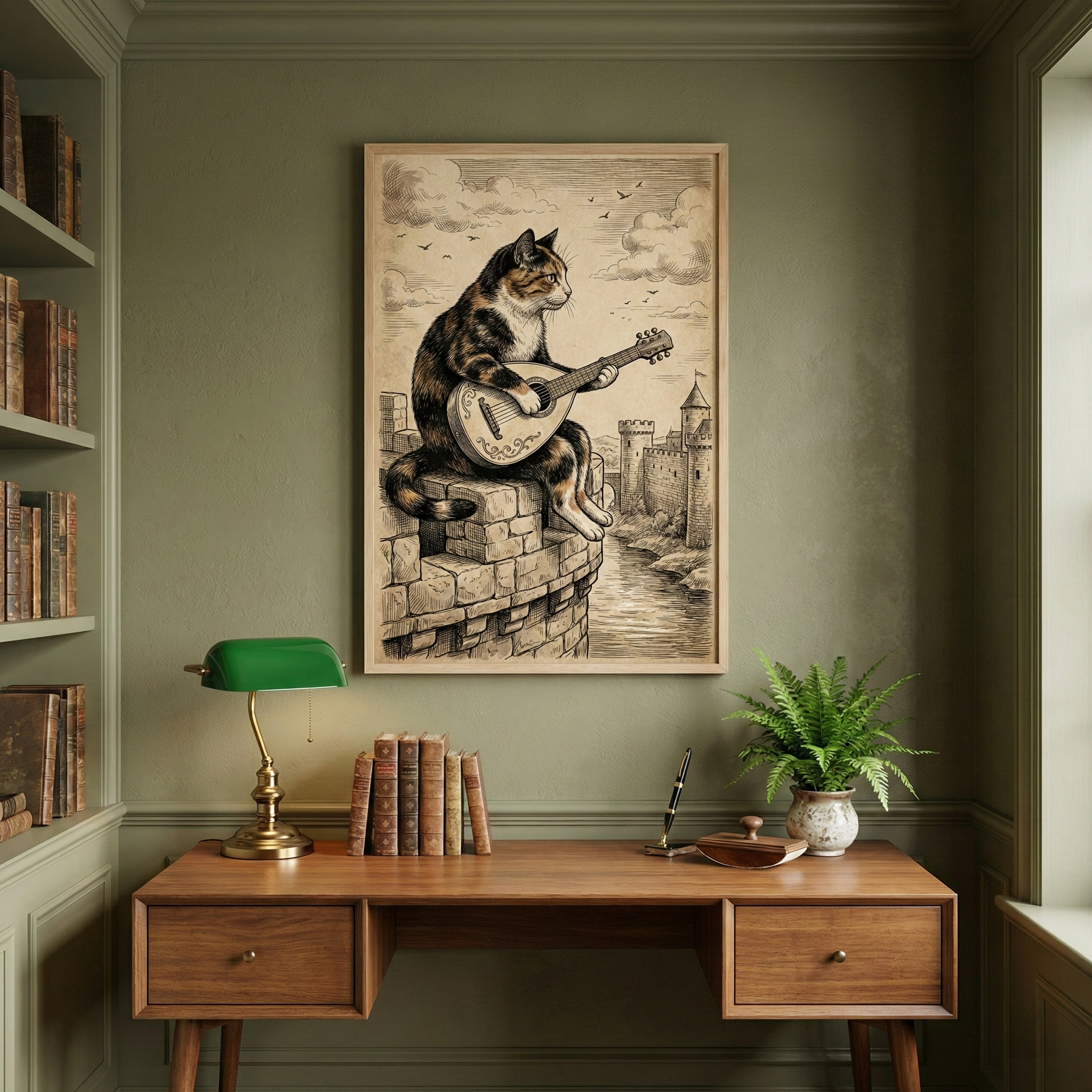 A cozy study with sage green walls and a built-in bookshelf. In the center, a wooden desk holds a green glass banker's lamp, a small stack of books, and a potted fern. Hanging above the desk is a framed sketch on aged paper. The artwork depicts a calico cat sitting on a stone castle parapet, playing a lute. In the background, another castle sits across a river under a cloudy sky with small birds. The entire scene has a warm, vintage feel with a soft lighting effect.