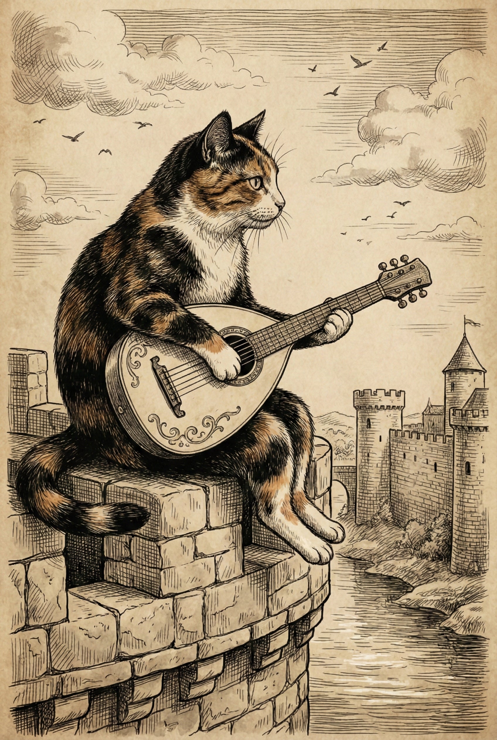Calico Cat Musician Medieval Minstrel Wall Art - The Feline Minstrel