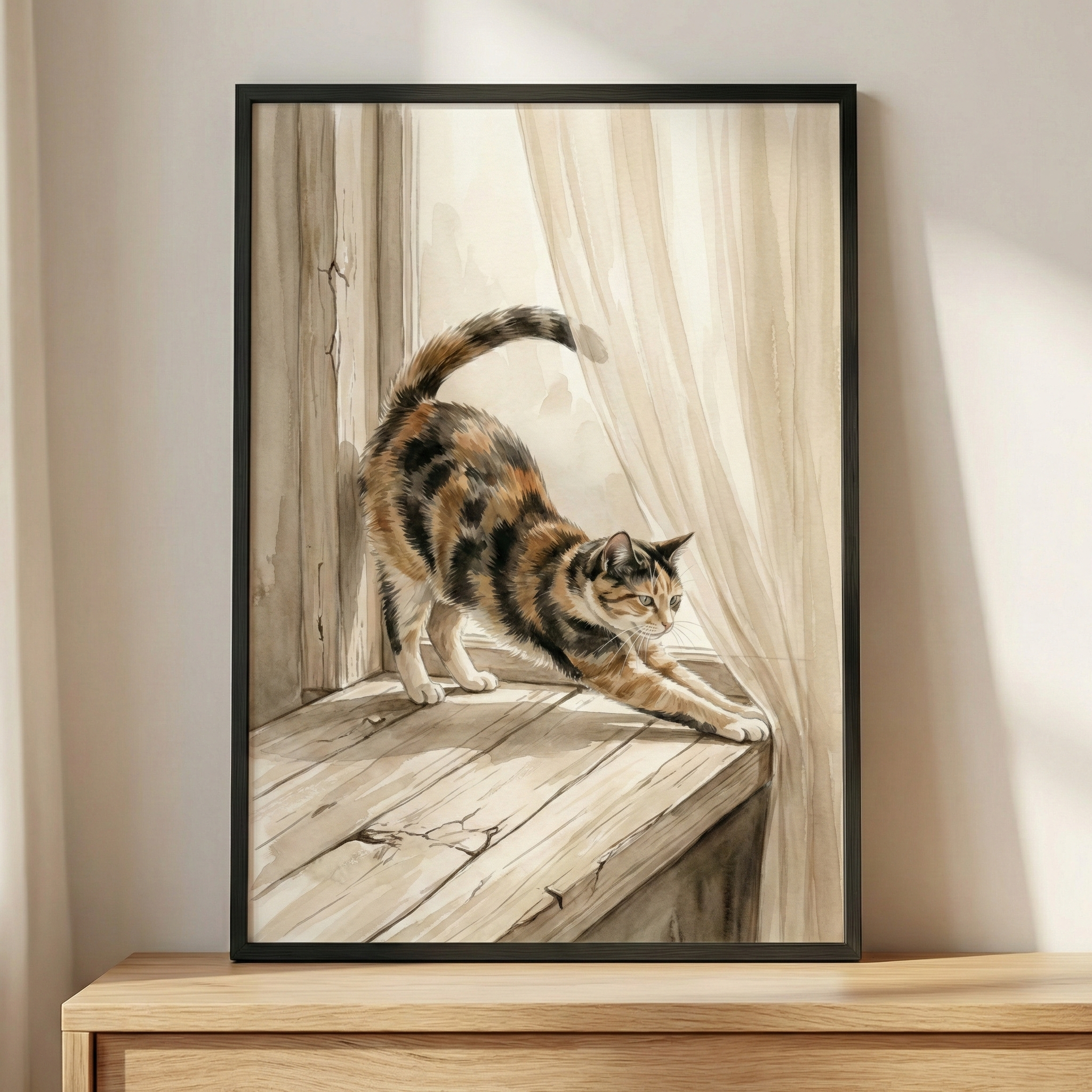 A framed watercolor illustration of a tortoiseshell-patterned cat stretching on a weathered wooden windowsill. The cat's front paws are extended forward, and its back is arched with its tail curved upward. To the right, a light, semi-transparent curtain catches soft, warm sunlight filtering through a window. The artwork is encased in a slim black frame, resting on a light wooden surface against a neutral-colored wall in a softly lit interior.