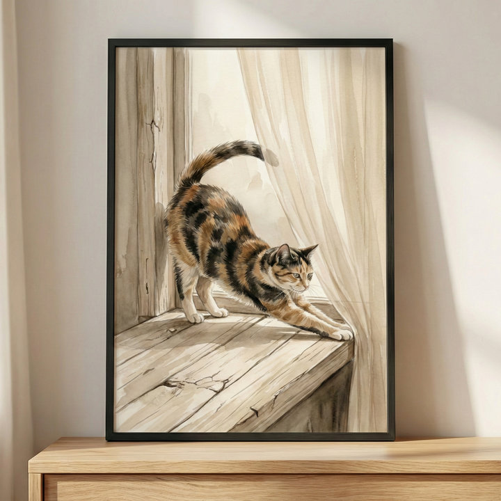 A framed watercolor illustration of a tortoiseshell-patterned cat stretching on a weathered wooden windowsill. The cat's front paws are extended forward, and its back is arched with its tail curved upward. To the right, a light, semi-transparent curtain catches soft, warm sunlight filtering through a window. The artwork is encased in a slim black frame, resting on a light wooden surface against a neutral-colored wall in a softly lit interior.