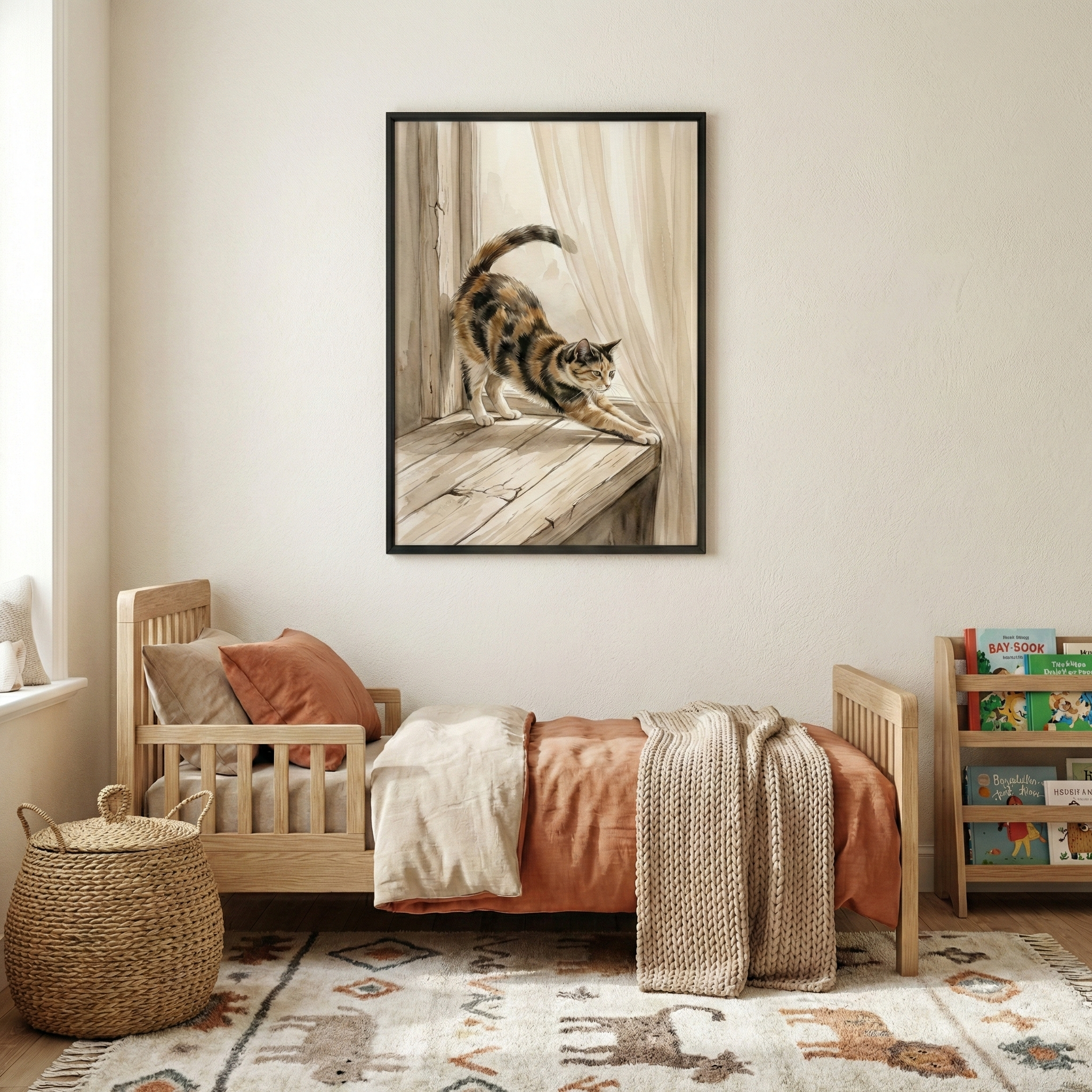 A bright and cozy child's bedroom featuring a wooden toddler bed with a burnt orange duvet and a beige knit blanket. Centered on the wall above the bed is a black-framed illustration of a calico cat stretching on a wooden windowsill next to a curtain. A large woven basket with a lid sits on the floor next to a patterned rug with animal motifs. A small wooden bookshelf filled with books is tucked in the corner.