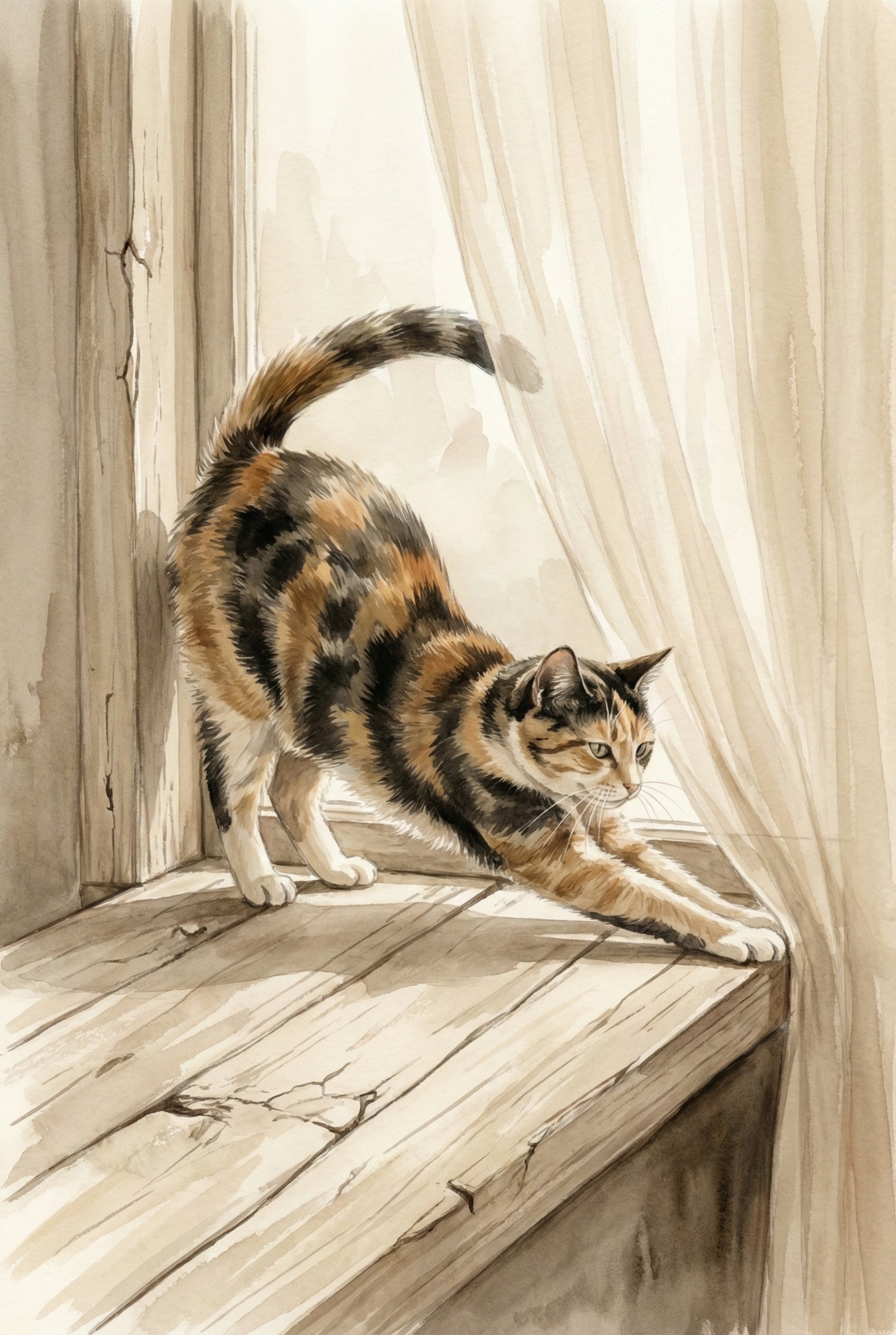 Calico Cat Stretching Watercolor Wall Art - Morning Sun Stretch