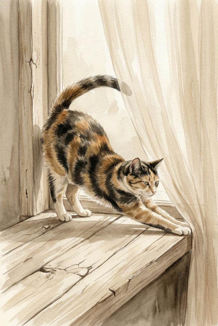 Watercolor artwork of a calico cat stretching on a wooden floor near sheer curtains, rendered in soft neutral tones with warm natural light.

