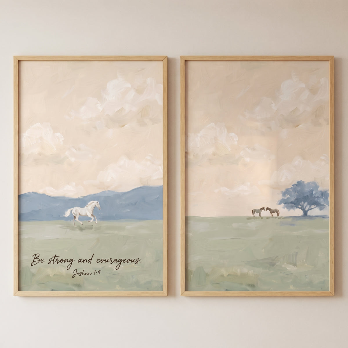Calm Meadow Pasture Horse Wall Art Set of 2 - Faithful Meadow Scenes