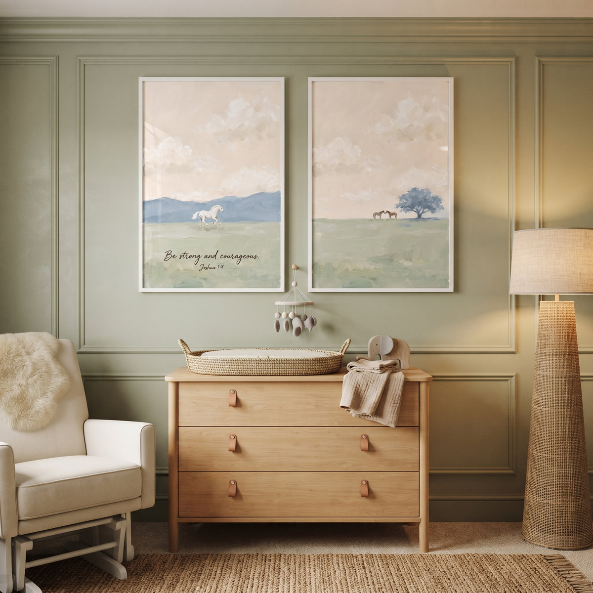 Calm Meadow Pasture Horse Wall Art Set of 2 - Faithful Meadow Scenes