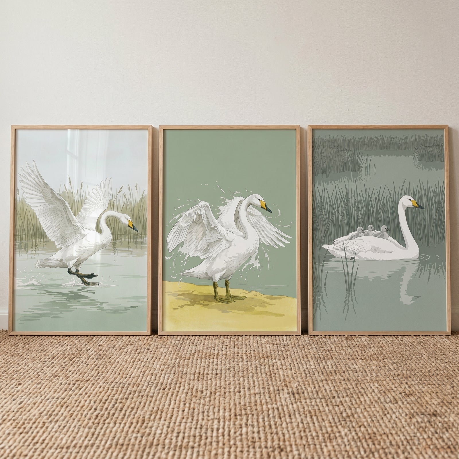 Calm nature marsh swan wall art set of 3 shows white swans landing, shaking wings, and swimming with cygnets.