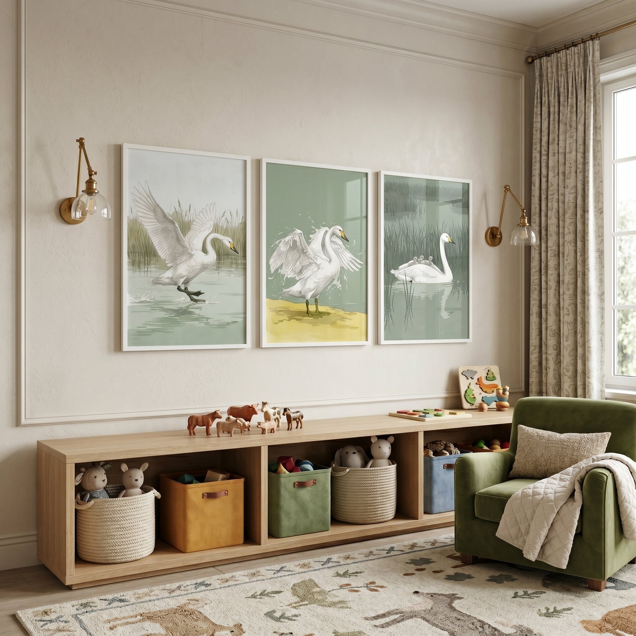Calm Nature Marsh Swan Wall Art Set Of 3 - Graceful Swan Trio