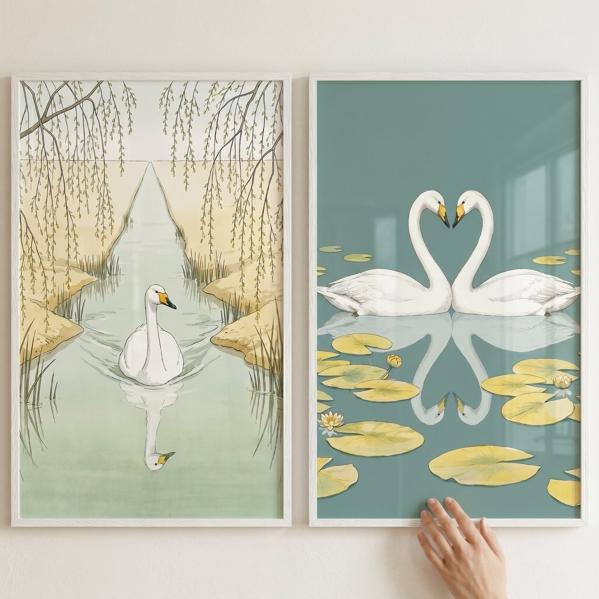 Calm Water White Swan Wall Art Set Of 2 - Elegant Swan Pair