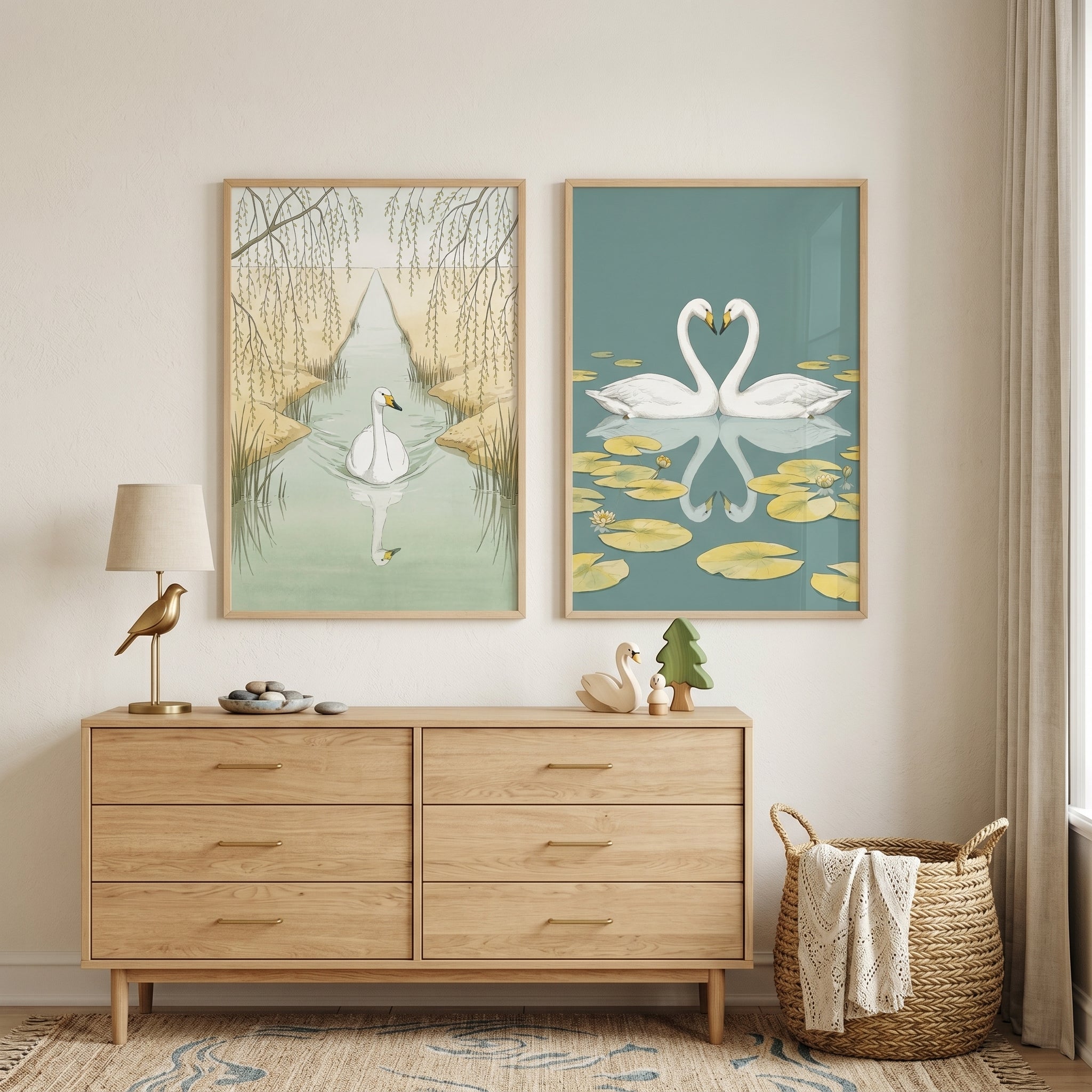 Calm Water White Swan Wall Art Set Of 2 - Elegant Swan Pair