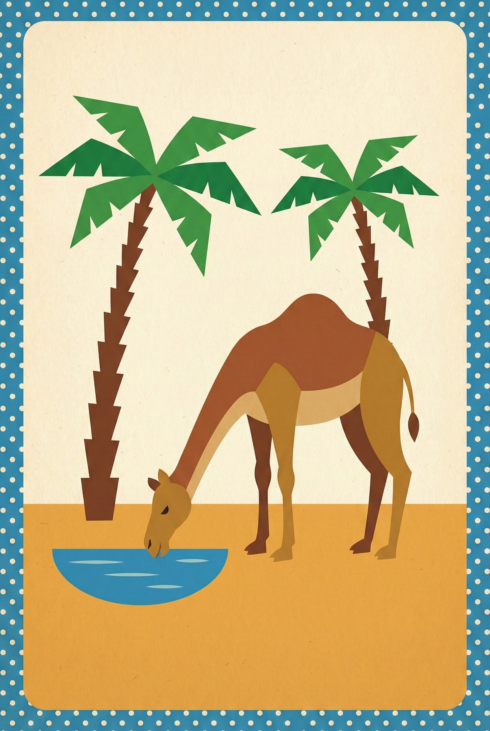  A brown camel drinks from a small blue oasis surrounded by two tall palm trees, set in a flat desert landscape.