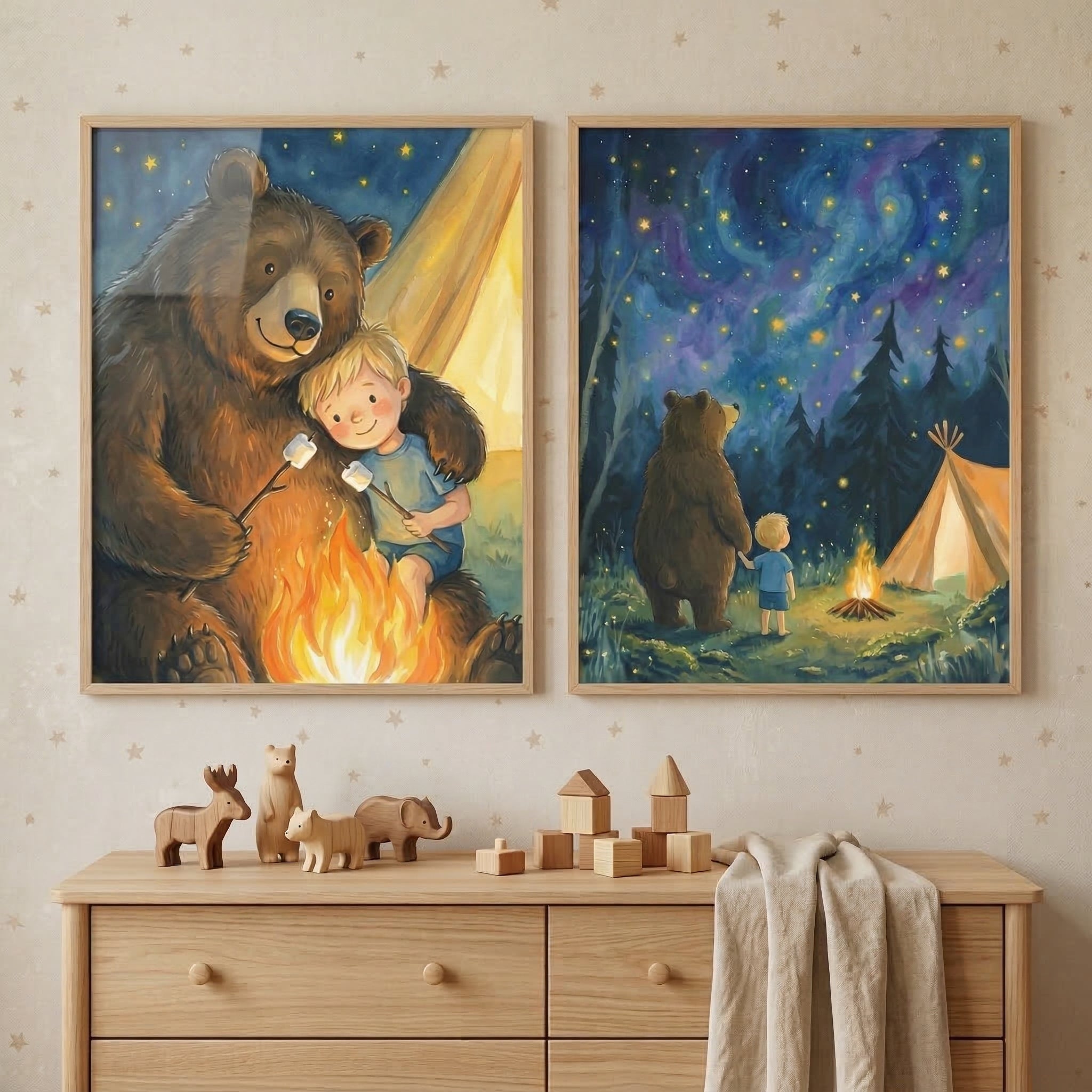 Boy And Bear Camping Wall Art Set of 2 - Cozy Campfire Friends