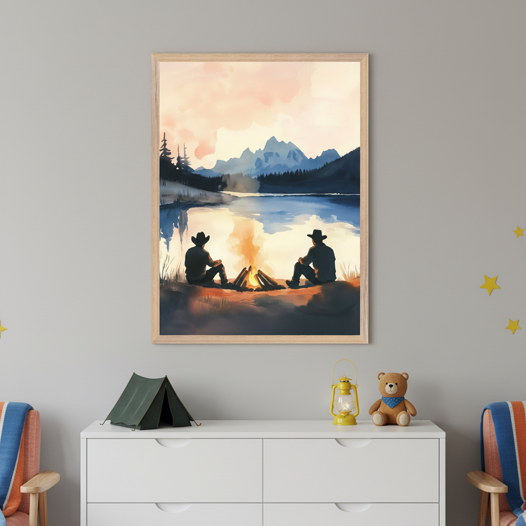 Child's room with a white dresser. Above it, a framed watercolor painting depicts two silhouettes in cowboy hats by a campfire on a lake shore with mountains at sunset. A toy tent, yellow lantern, and teddy bear are on the dresser.