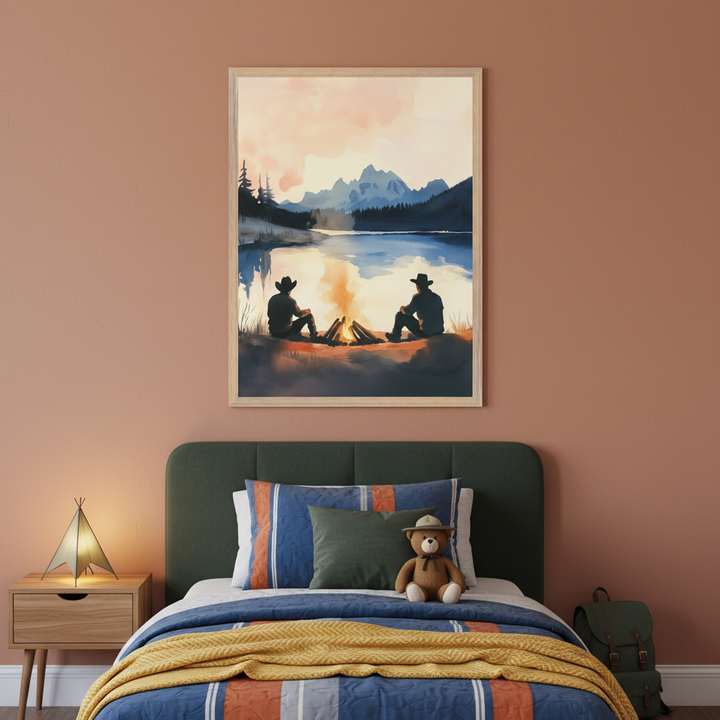 Modern nursery with a wooden crib, dresser, and blue armchair. A framed watercolor painting of two cowboys camping by a lake with mountains at sunset hangs on the wall above the crib.