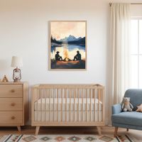 Kid's bedroom with a dark green bed, wooden nightstand, and a teddy bear. A large framed watercolor painting of two figures by a campfire at a lake with mountains and a sunset sky hangs above the bed.