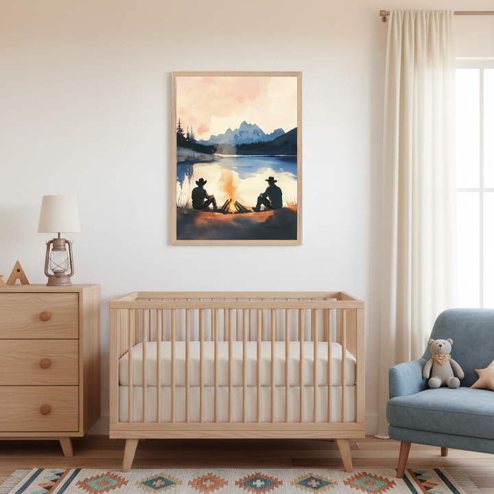 Kid's bedroom with a dark green bed, wooden nightstand, and a teddy bear. A large framed watercolor painting of two figures by a campfire at a lake with mountains and a sunset sky hangs above the bed.