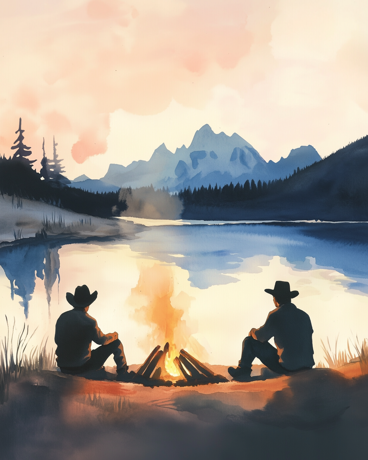 Two people wearing cowboy hats sit by a campfire, overlooking a tranquil lake with a mountainous backdrop. The sky is painted in soft pastel hues, reflecting the serene sunset.