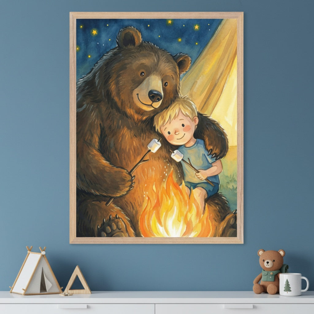 Kid's room with a blue wall. A framed illustration of a bear and boy roasting marshmallows over a campfire hangs above a white dresser. A tent toy, wooden triangle, teddy bear, and tree-design mug are on the dresser.