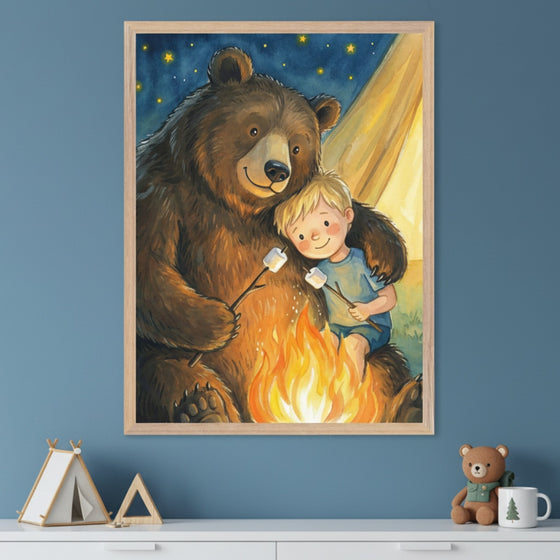 Kid's room with a blue wall. A framed illustration of a bear and boy roasting marshmallows over a campfire hangs above a white dresser. A tent toy, wooden triangle, teddy bear, and tree-design mug are on the dresser.