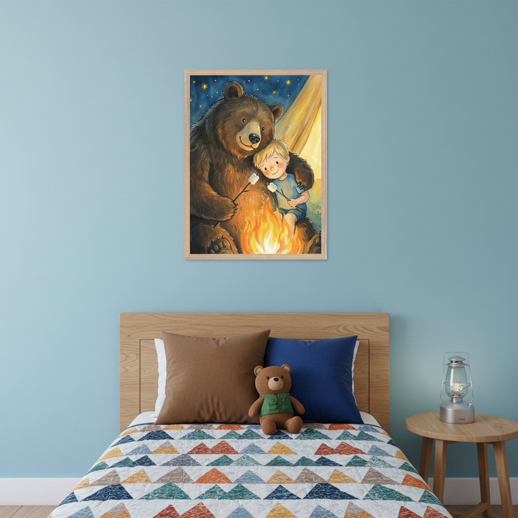 Kid's bedroom with a light blue wall. A framed cartoon painting of a bear and boy roasting marshmallows at a campfire hangs above a wooden bed with a colorful quilt, brown and blue pillows, and a teddy bear. A wooden bedside table with a lantern is to the right.