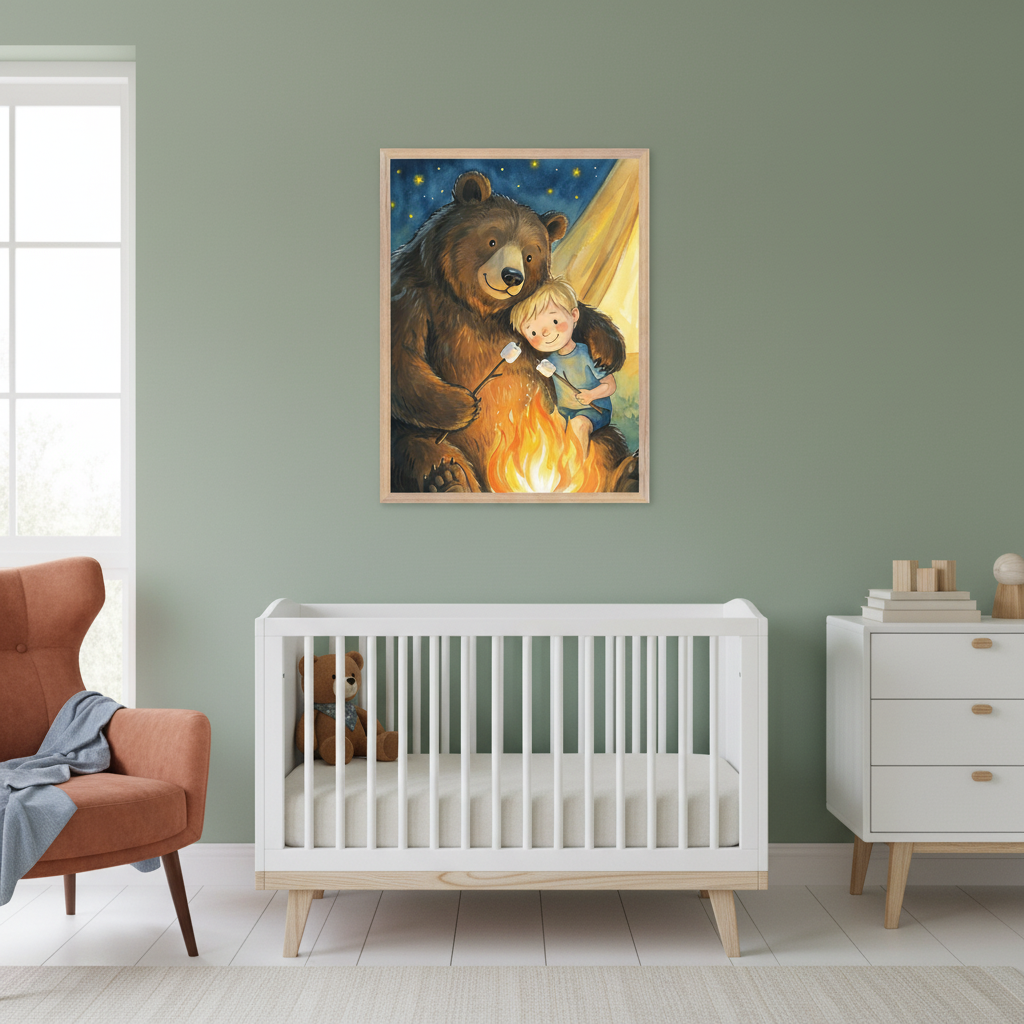 Modern nursery with a white crib, dresser, and an orange armchair. On the sage green wall, a framed illustration hangs above the crib, depicting a friendly bear and a boy roasting marshmallows over a campfire under a starry sky.