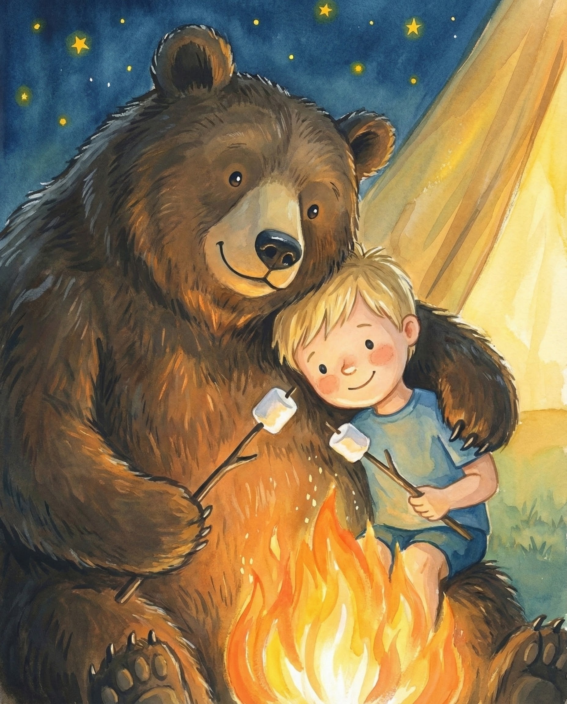 A cute illustrated scene of a bear and a little boy sitting close together by a campfire roasting marshmallows under a starry night sky showing a heartwarming moment of friendship and love between a child and his bear companion