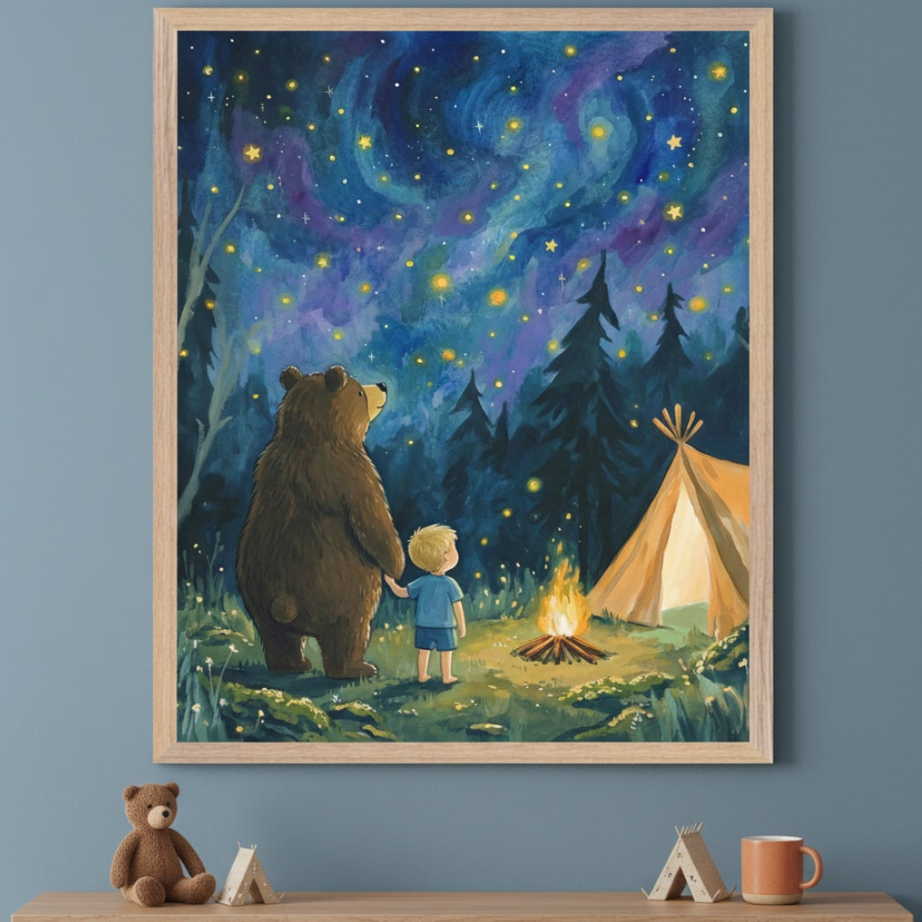 Kid's room with a blue-gray wall and wooden dresser. A framed print in an illustrative style depicts a bear and child looking at a starry night sky over a campfire and tent. A teddy bear, miniature tents, and a mug sit on the dresser.