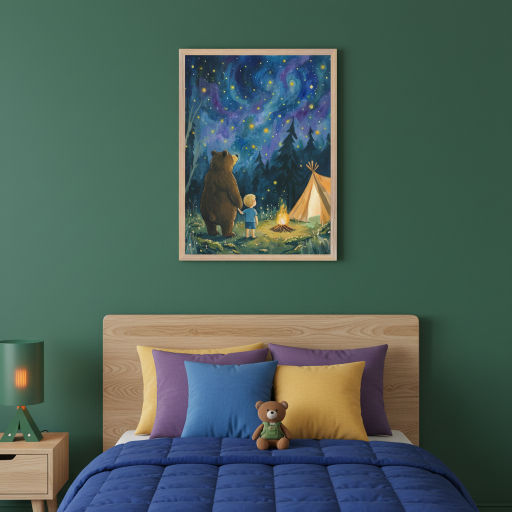 Kid's bedroom with a green wall. Above a wooden bed with colorful pillows hangs a framed painting of a bear and child by a campfire, looking at a starry night with a tent and trees. A green lamp is on a wooden nightstand.