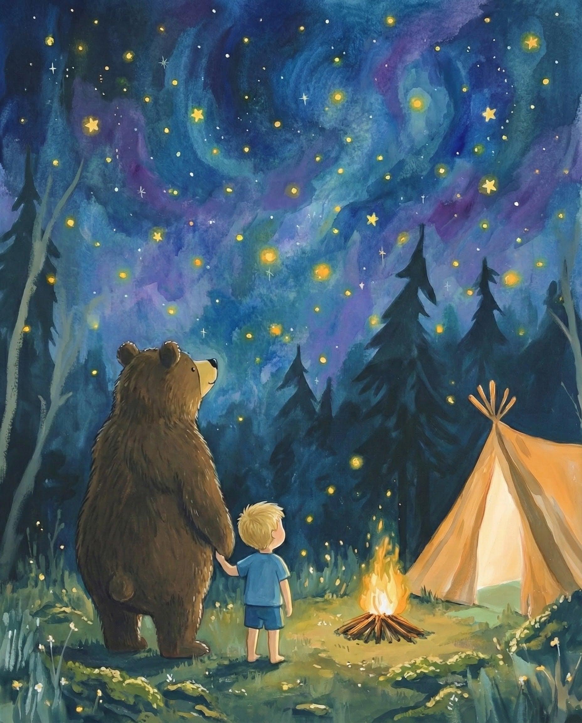 A bear and a young boy holding hands while gazing up at a sky full of stars near a glowing tent and campfire in the middle of a forest capturing the peaceful bond of love and friendship in a magical nighttime setting with the bear
