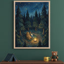 Kid's bedroom with a dark green wall. A framed watercolor painting of a bear and child stargazing by a campfire in a forest hangs centered above a wooden dresser, which holds a miniature tent, yellow mug, and teddy bear.
