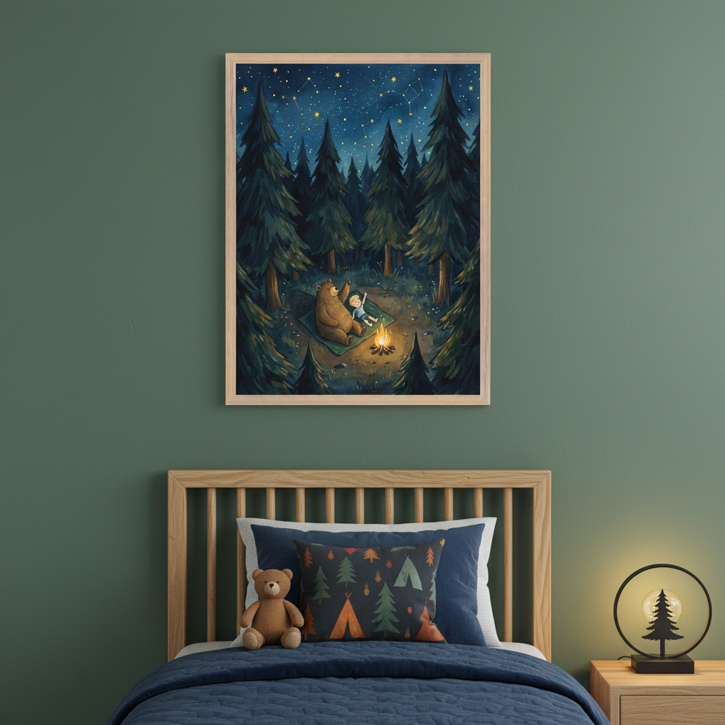 Kid's bedroom with a dark green wall, a wooden bed, and a nightstand. A light wood framed illustration of a bear and child camping by a fire under a starry night sky hangs above the bed. A teddy bear and a camping-themed pillow are on the bed. A tree-silhouette lamp is on the nightstand.