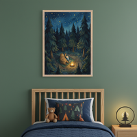 Kid's bedroom with a dark green wall, a wooden bed, and a nightstand. A light wood framed illustration of a bear and child camping by a fire under a starry night sky hangs above the bed. A teddy bear and a camping-themed pillow are on the bed. A tree-silhouette lamp is on the nightstand.