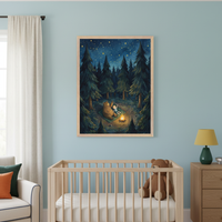 Modern nursery with light blue walls. A large framed illustration of a bear and a child camping under a starry forest sky hangs centrally above a wood crib and a brown dresser. A white armchair is partially visible on the left.